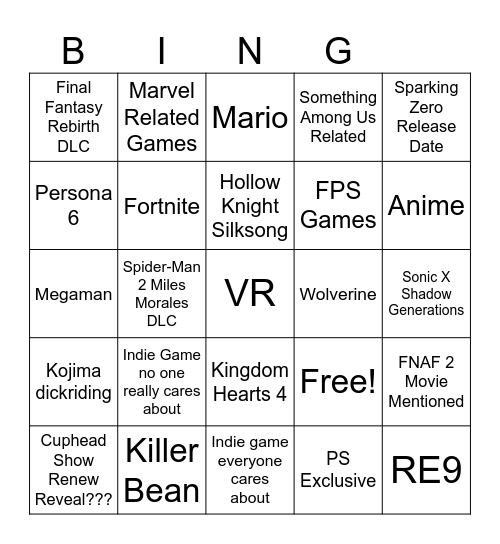 Summer Game Fest Bingo Card