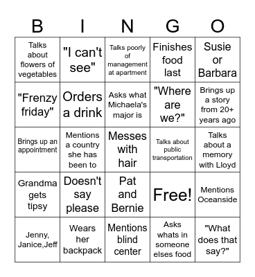 Grandma Bingo Card