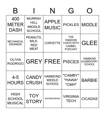 Cambel's Graduation Bingo Card