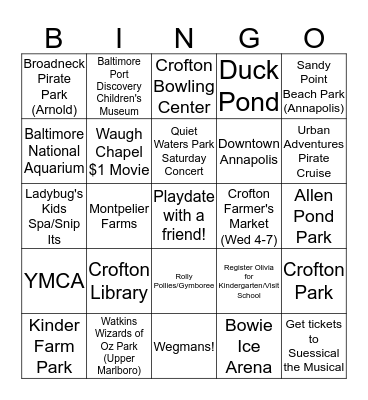 Mulholland Maryland Kids Activities Bingo Card