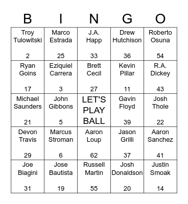 Toronto Blue Jays Baseball Bingo Card