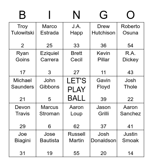 Toronto Blue Jays Baseball Bingo Card