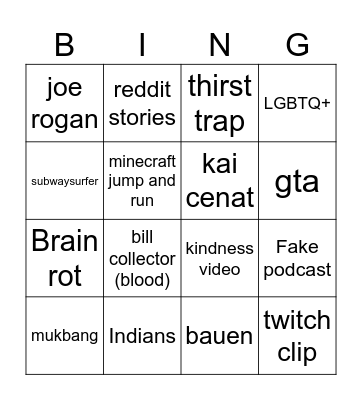 yt shorts Bingo Card