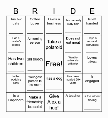 Bridal Shower Bingo Card