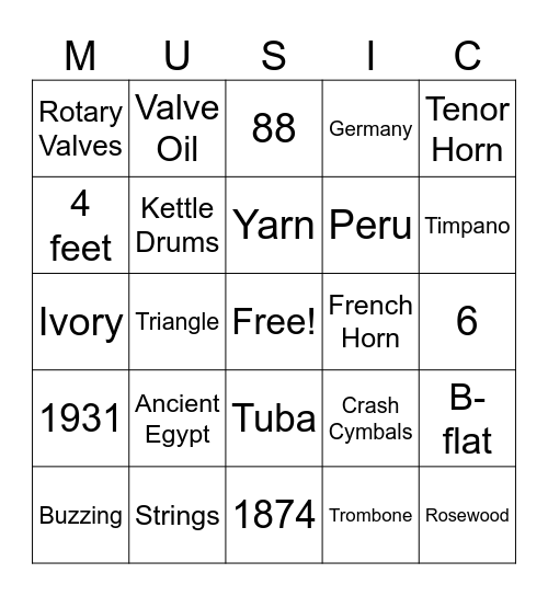 Instrument Trivia Bingo Card