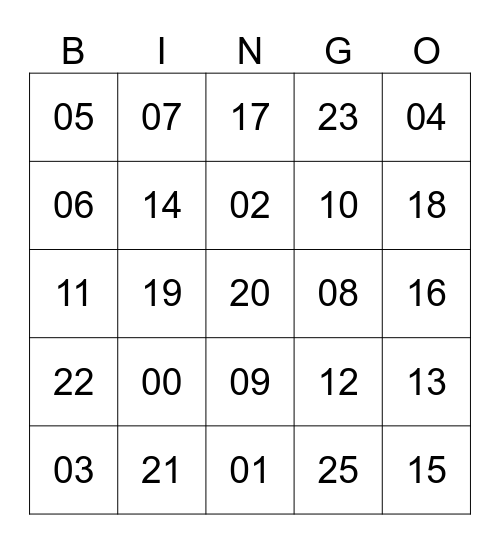 NUMBERS 00-25 Bingo Card