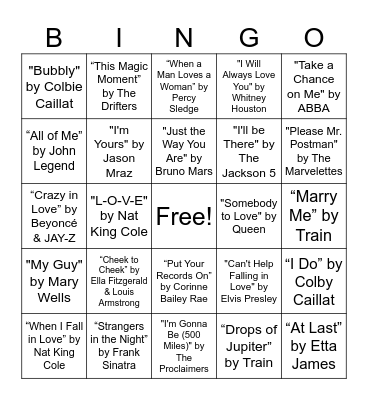 Love Songs Bingo Card