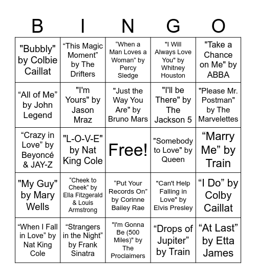 Love Songs Bingo Card