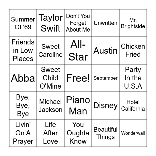 Karaoke Bingo Card