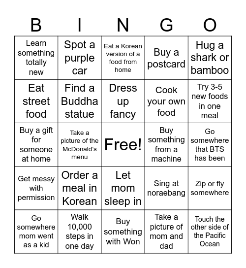 Korean Vacation Bingo Card