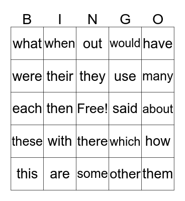 Sight Words BINGO Card