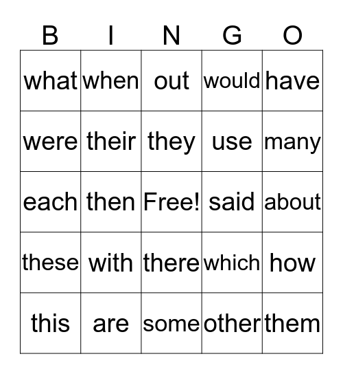 Sight Words BINGO Card