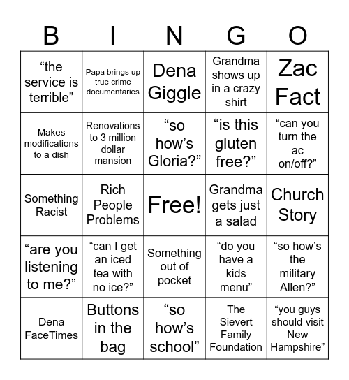 Sievert Family Bingo Card