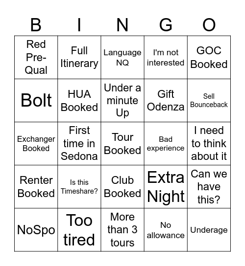 Concierge Bingo Card