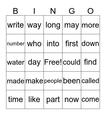 Sight Words BINGO Card