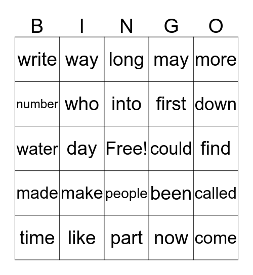 Sight Words BINGO Card