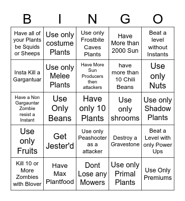 PVZ2 Bingo Card