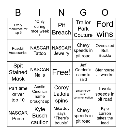 NASCARona Bingo Card