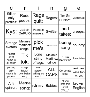 roblox music game cringe card Bingo Card