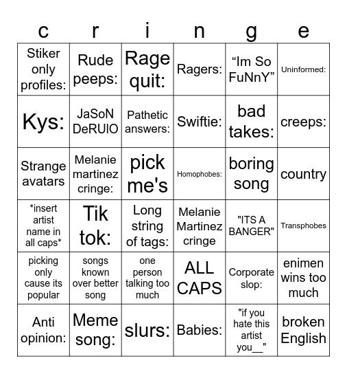 roblox music game cringe card Bingo Card