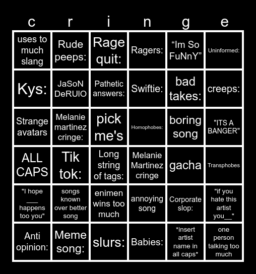 roblox music game cringe card Bingo Card