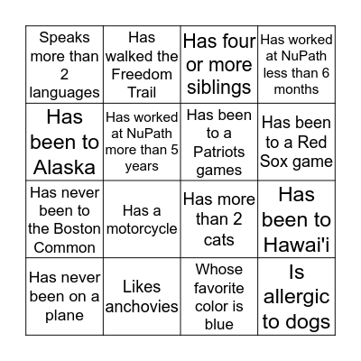 New Boston Street Staff Bingo Card