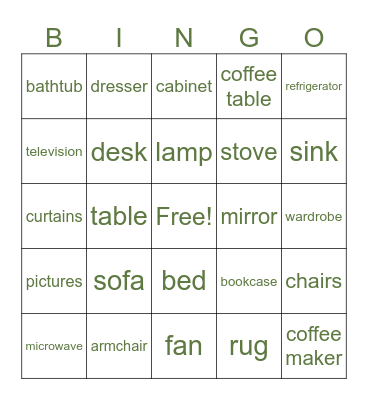 Furniture and appliances Bingo Card