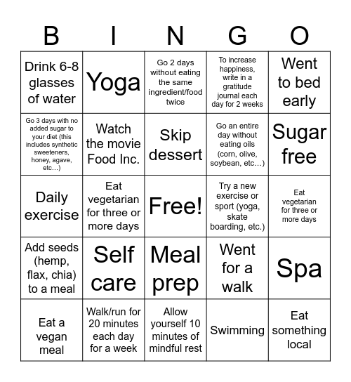 Healthy bingo Card
