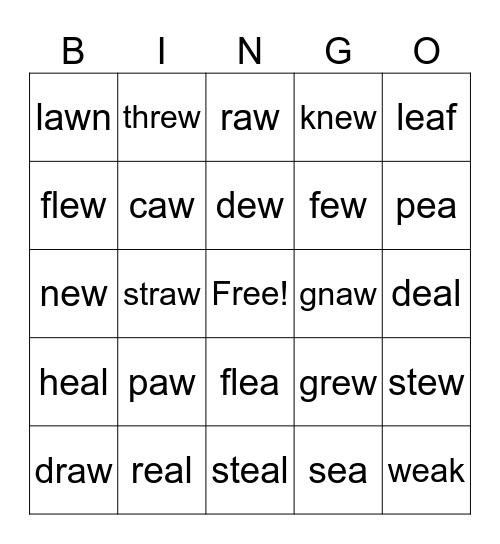 /aw/, /ew/, /ow/ words Bingo Card