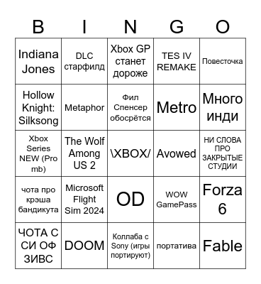 XBOX SHOWCASE BINGO Card