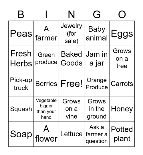 Franklin County Farmers Market Bingo Card