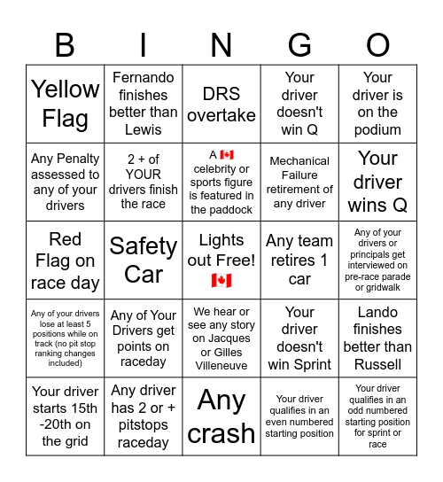 Canadian GP Bingo - 2024 - @gispatch Bingo Card
