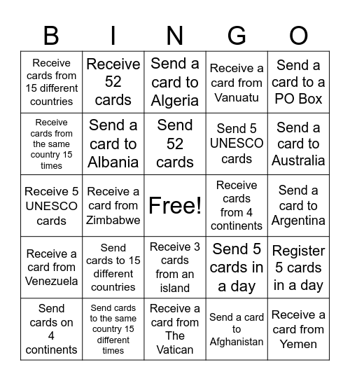 PostCrossing Bingo Card
