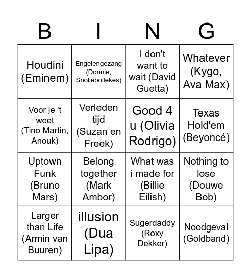 Muziekbingo G1c Bingo Card