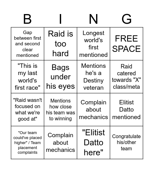 Elitist Datto post-Salvation's Edge Bingo Card