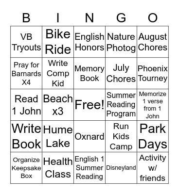 Lily Summer 2016 Bingo Card