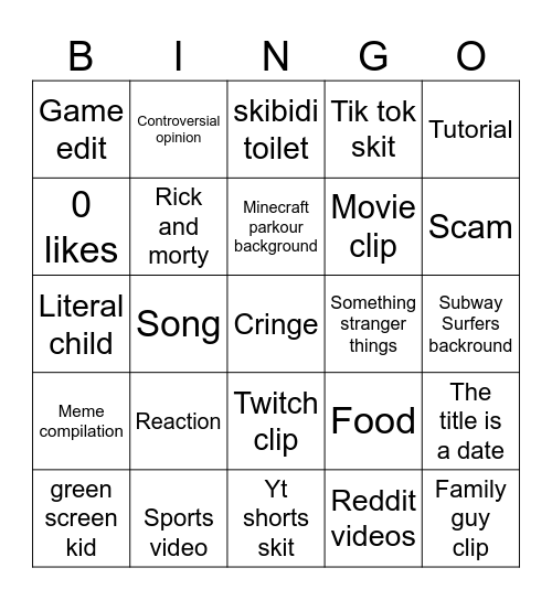 YouTube shorts Bingo Card