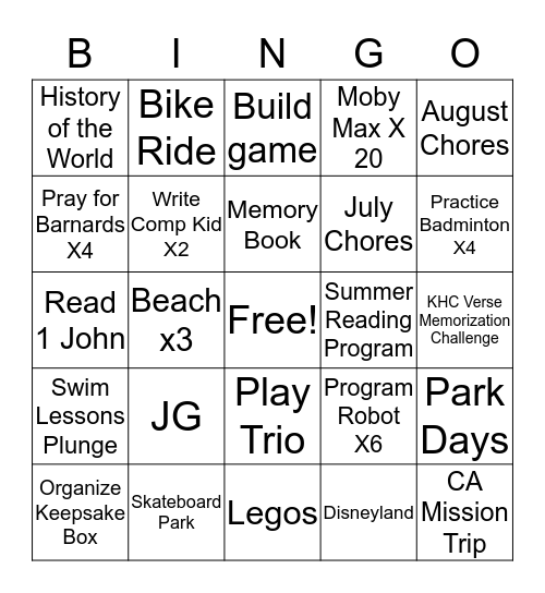 Nate Summer 2016 Bingo Card