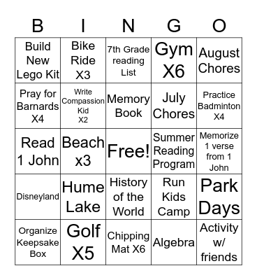 Abby Summer 2016 Bingo Card