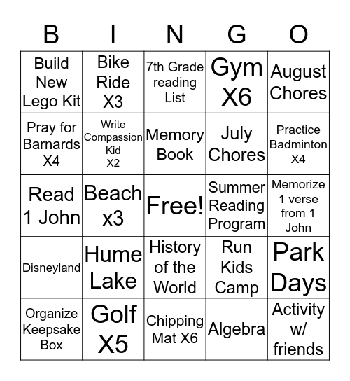 Abby Summer 2016 Bingo Card