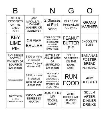 Dessert & After Dinner Drink BINGO Card