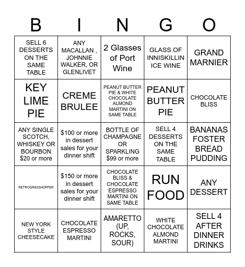 Dessert & After Dinner Drink BINGO Card