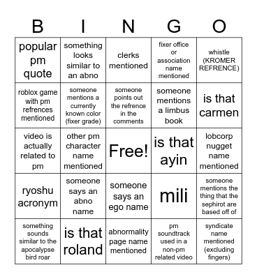 Project Moon Brainrot Bingo (short form content) Bingo Card