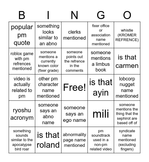 Project Moon Brainrot Bingo (short form content) Bingo Card
