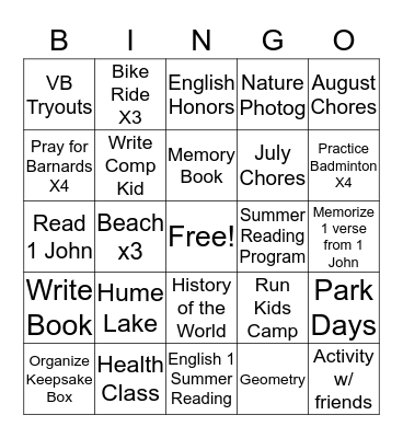 Lily Summer 2016 Bingo Card