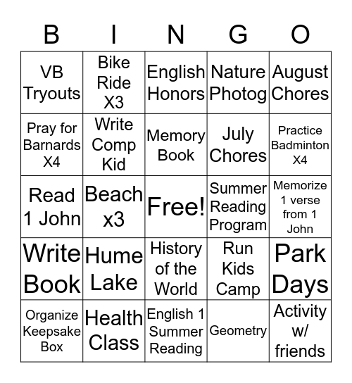 Lily Summer 2016 Bingo Card