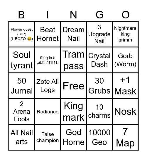Hollow knight Bingo Card