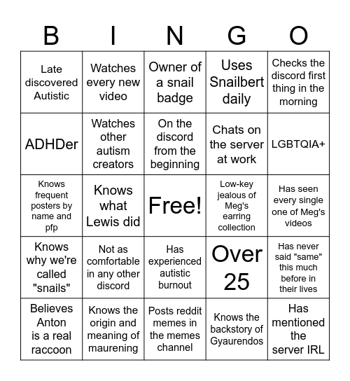 Snail Bingo Card