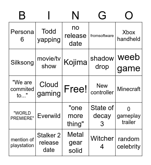 xbox 2024 Bingo Card