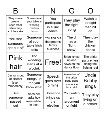 family wedding Bingo Card